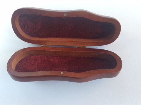 wine opener box , velvet lined hinged mahogany stained softwood box