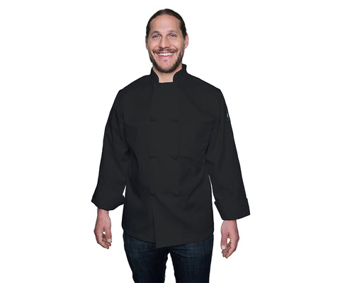 chef's jackets, 100% Egyptian cotton, black, long sleeves, made in Canada